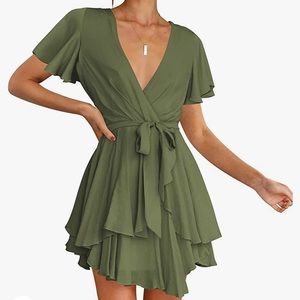 Cosonsen Women's Dress Deep V-Neck Waist Tie Ruffle Mini Swing Skater Dresses